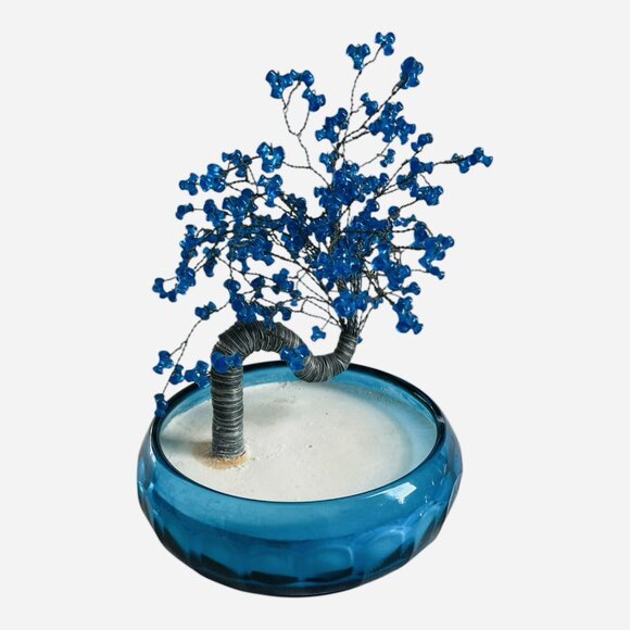 Handmade Blue Glass Bead Wire Bonsai Tree Sculpture Art Figurine VG - Picture 2 of 3